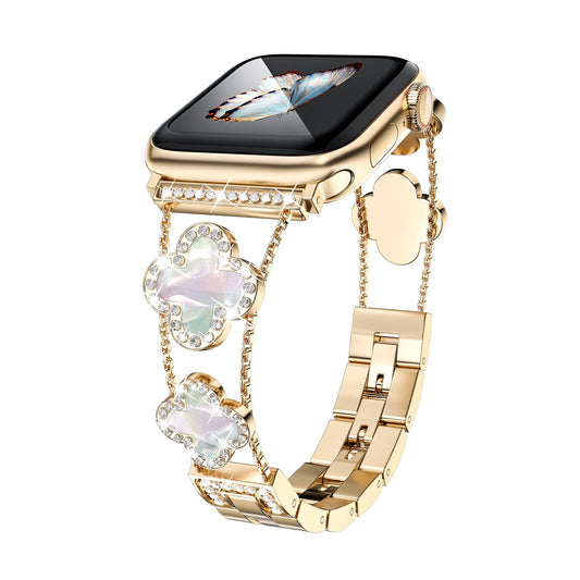 Stylish Gold Watch Band with Diamond Metal Accent and 9 other colours - Compatible with Apple Watch Series 8/7/6/5/4/3/2/1SE/Ultra - Elegant Clover Design for Women's Sizes 38mm 40mm 41mm 42mm 44mm 45mm 49mm (Gold/Black, 42mm/44mm/45mm)